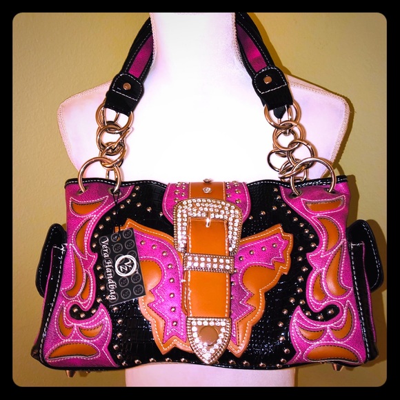Vera Handbag Handbags - NEW Pink Rhinestone Buckle Faux Leather Satchel
